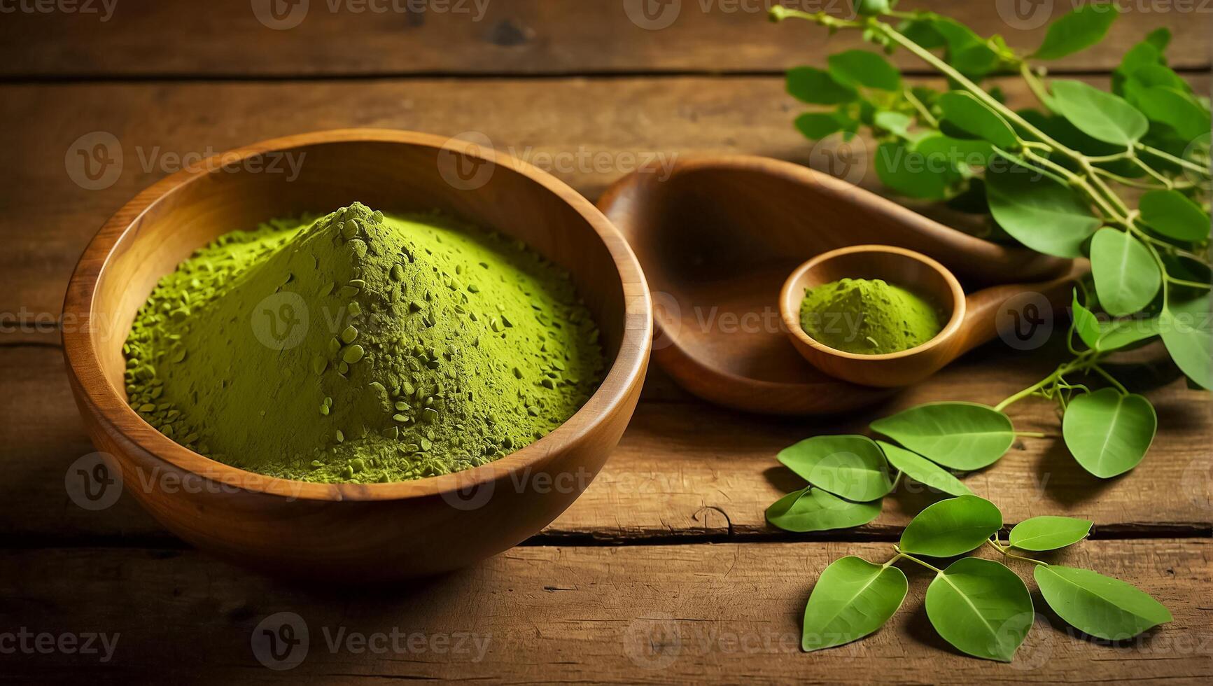 ai generado moringa polvo en de madera bol, Fresco hojas foto