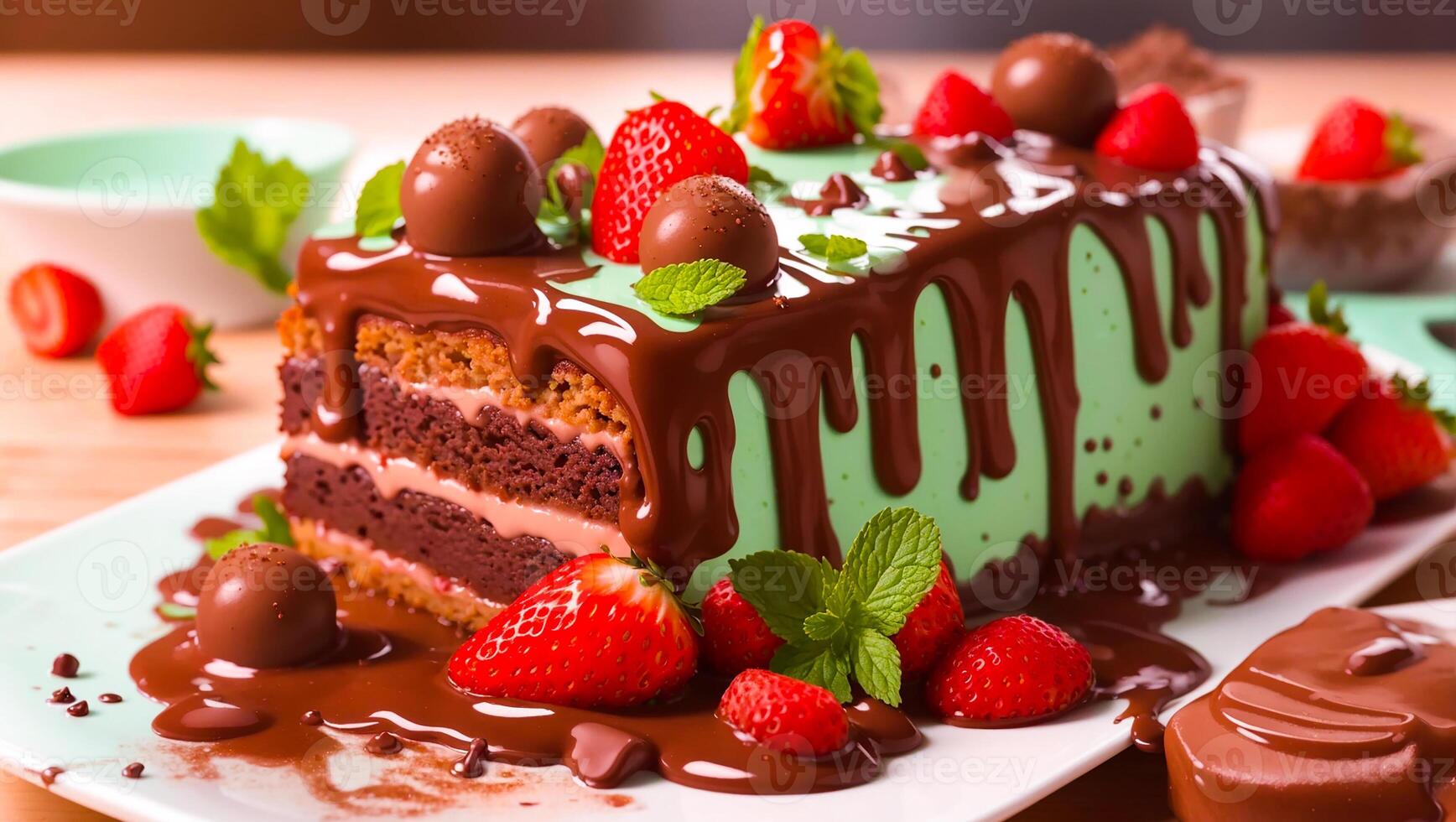 Delicious chocolate cake with strawberries photo