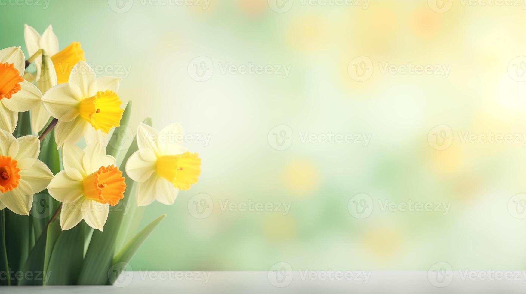 AI generated Floral spring background with bunch of daffodils. Copy space photo
