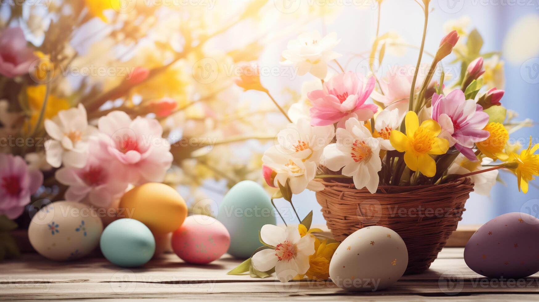AI generated Easter still life composition with springtime flowers and colorful eggs. photo