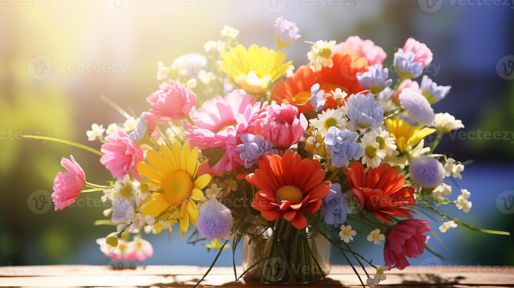 AI generated Vivid colourful bouquet in a transparent glass vase. Bright sunlight Beautiful flower arrangement. photo