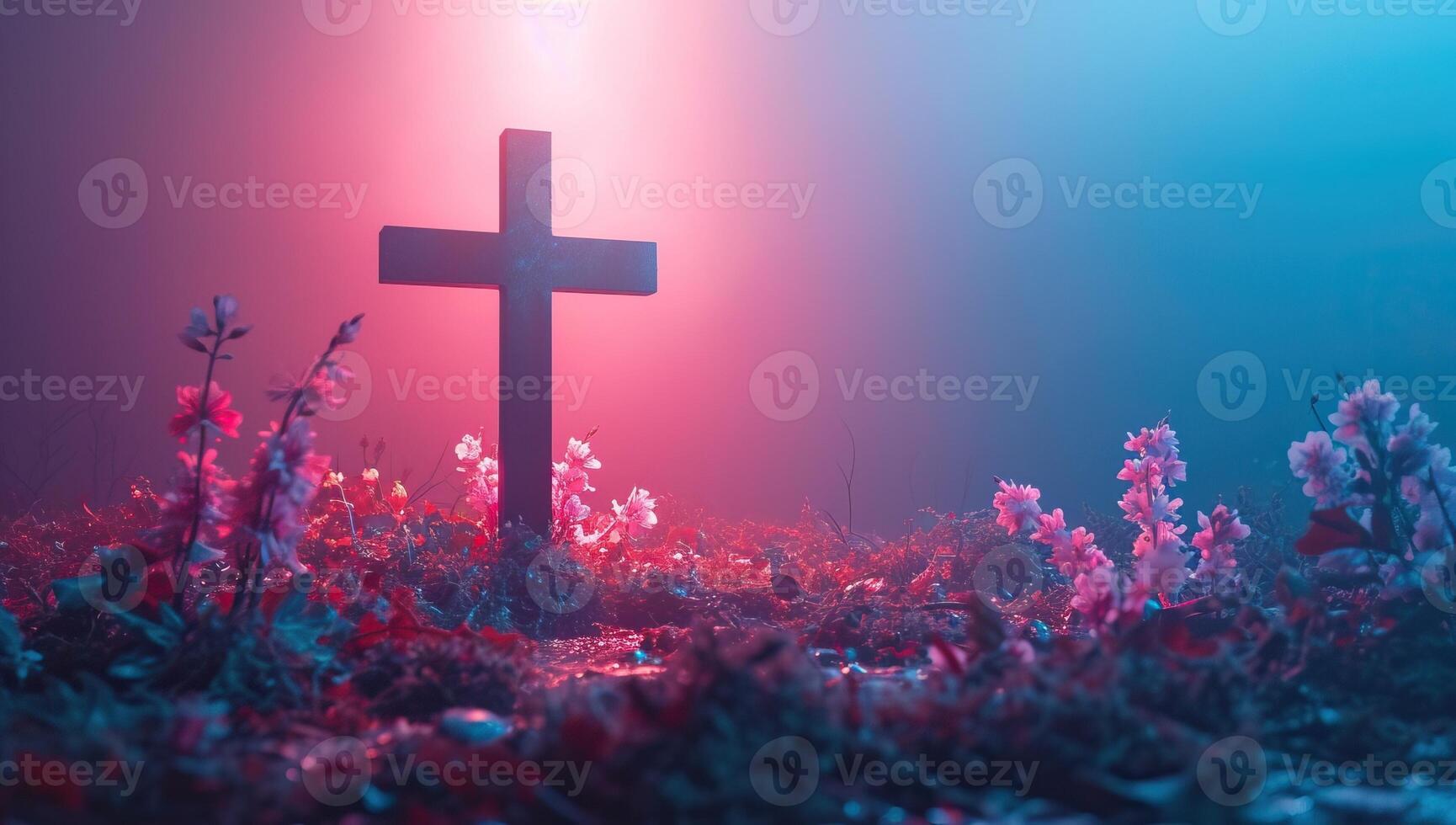 AI generated Mystical Cross Amidst Blooming Flowers Under Ethereal Light photo