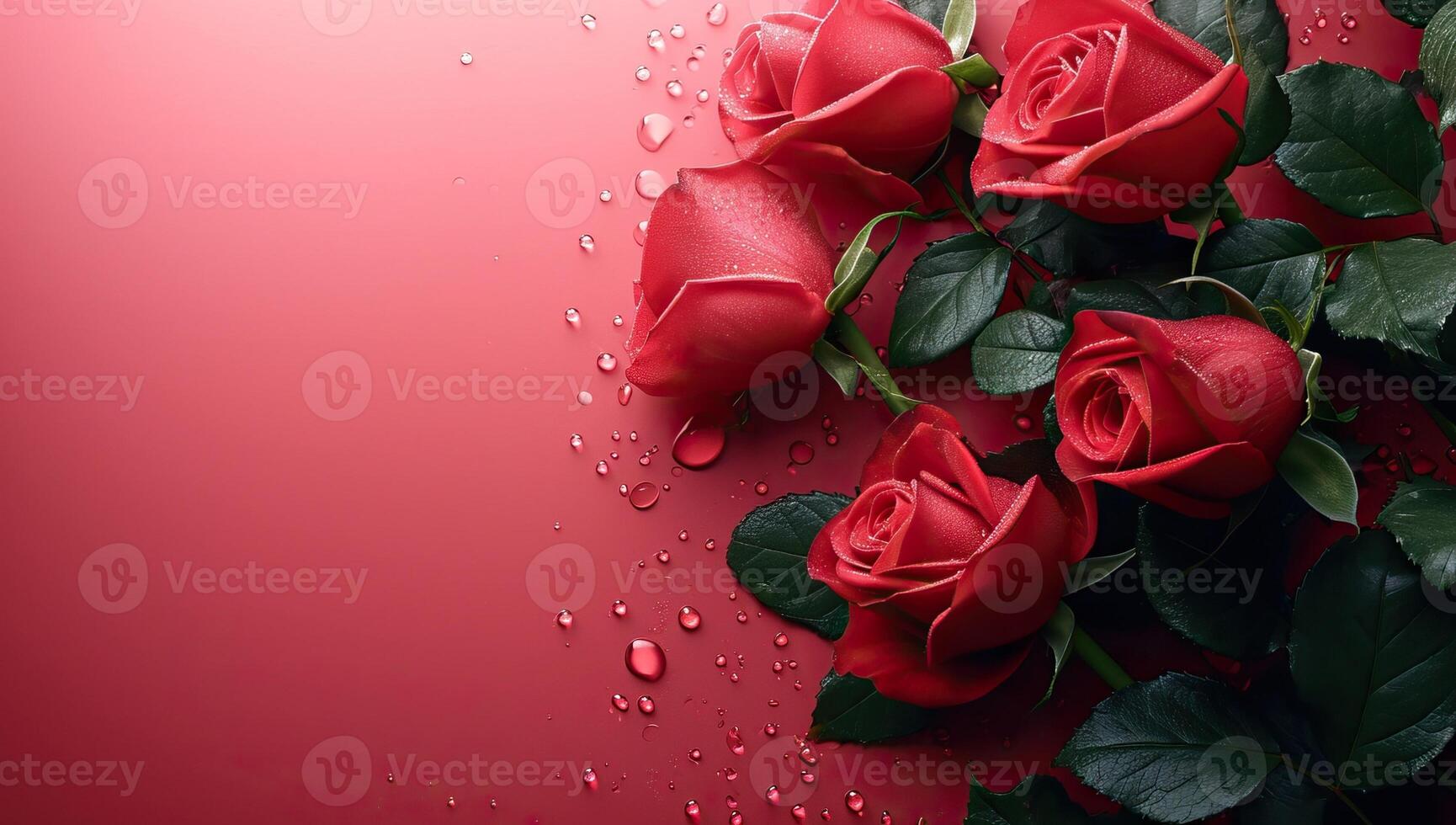 AI generated Red roses with water drops on red background. Valentines day concept. photo