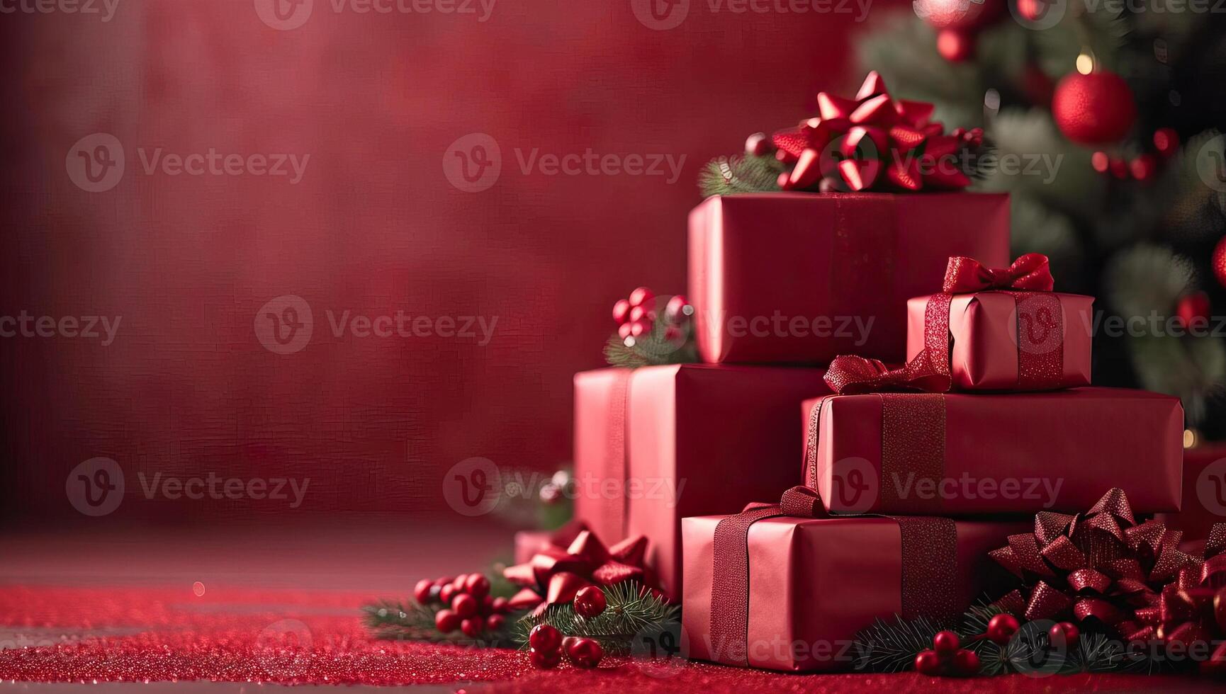 AI generated Christmas background with red gift boxes and christmas tree on red background photo