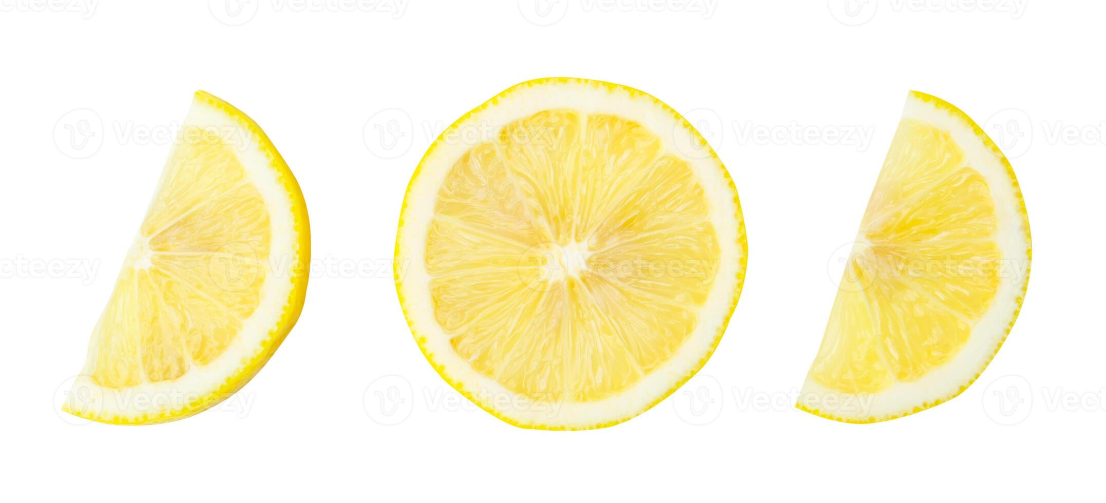 Top view of yellow lemon half and slices in set isolated on white background with clipping path photo