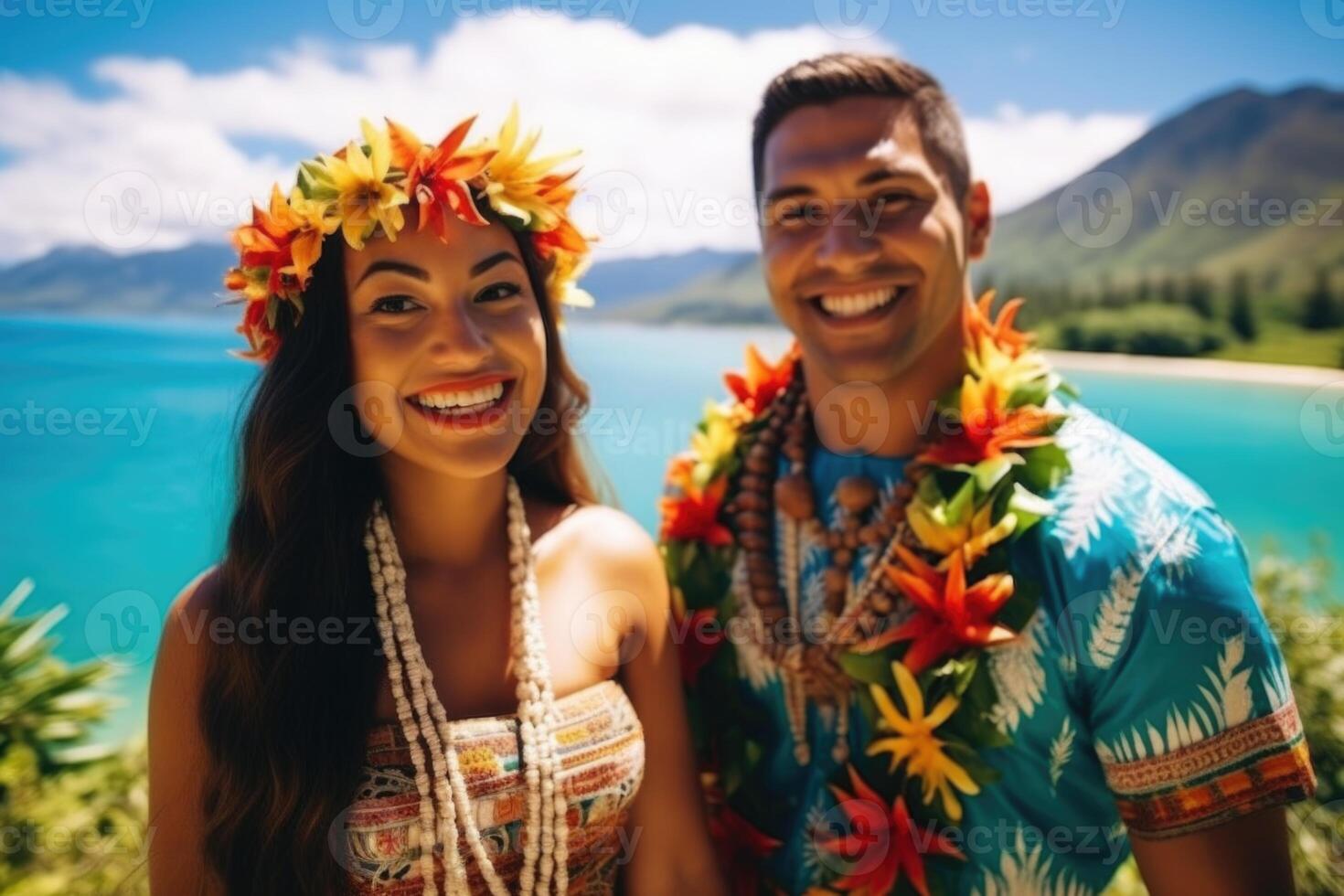 AI generated Portrait of a happy man and woman in national costumes on vacation against the background of nature. Polynesia photo