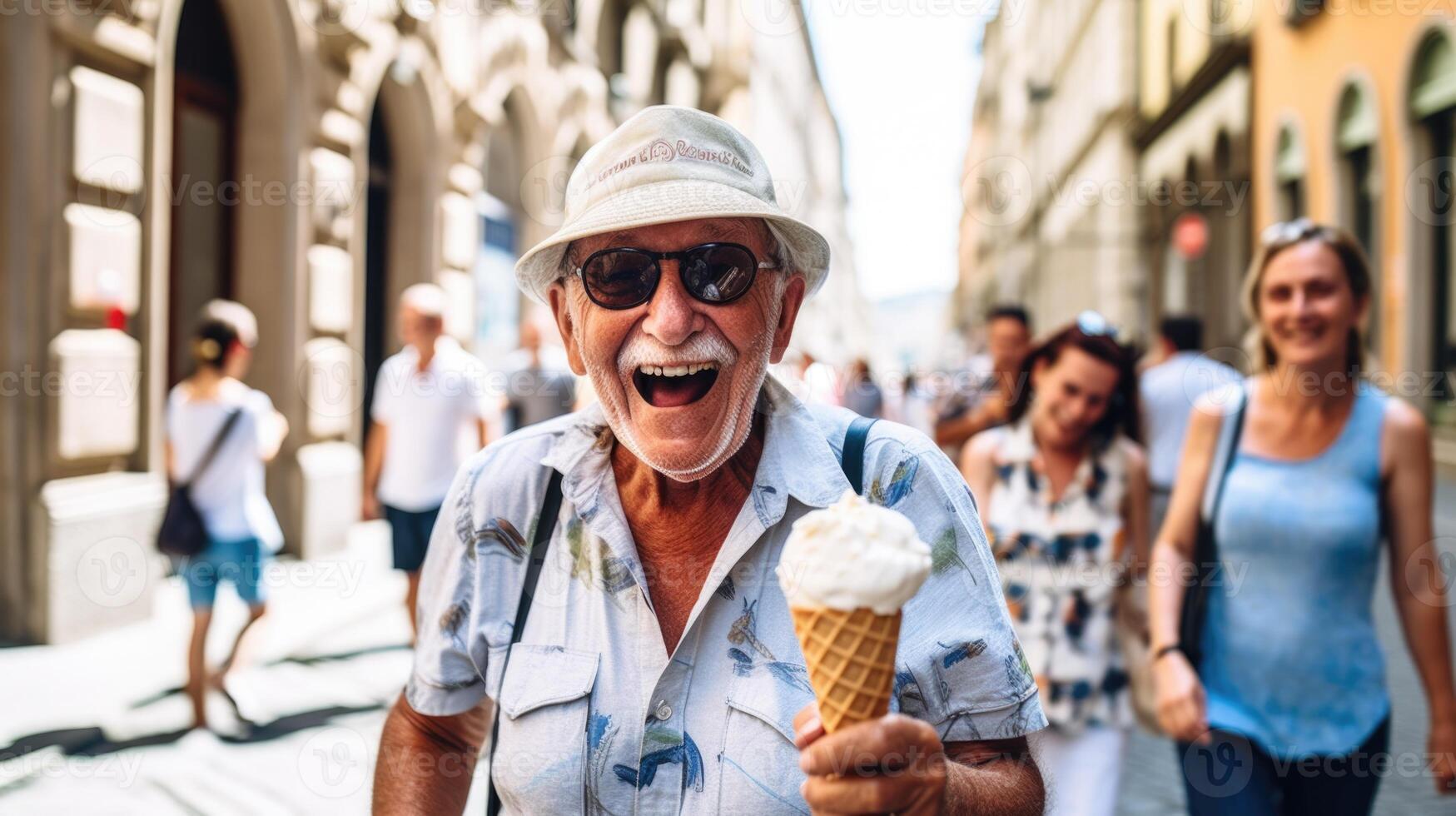 ai generado un mayor hombre con un hielo crema en su mano camina a lo largo un ciudad calle en verano foto