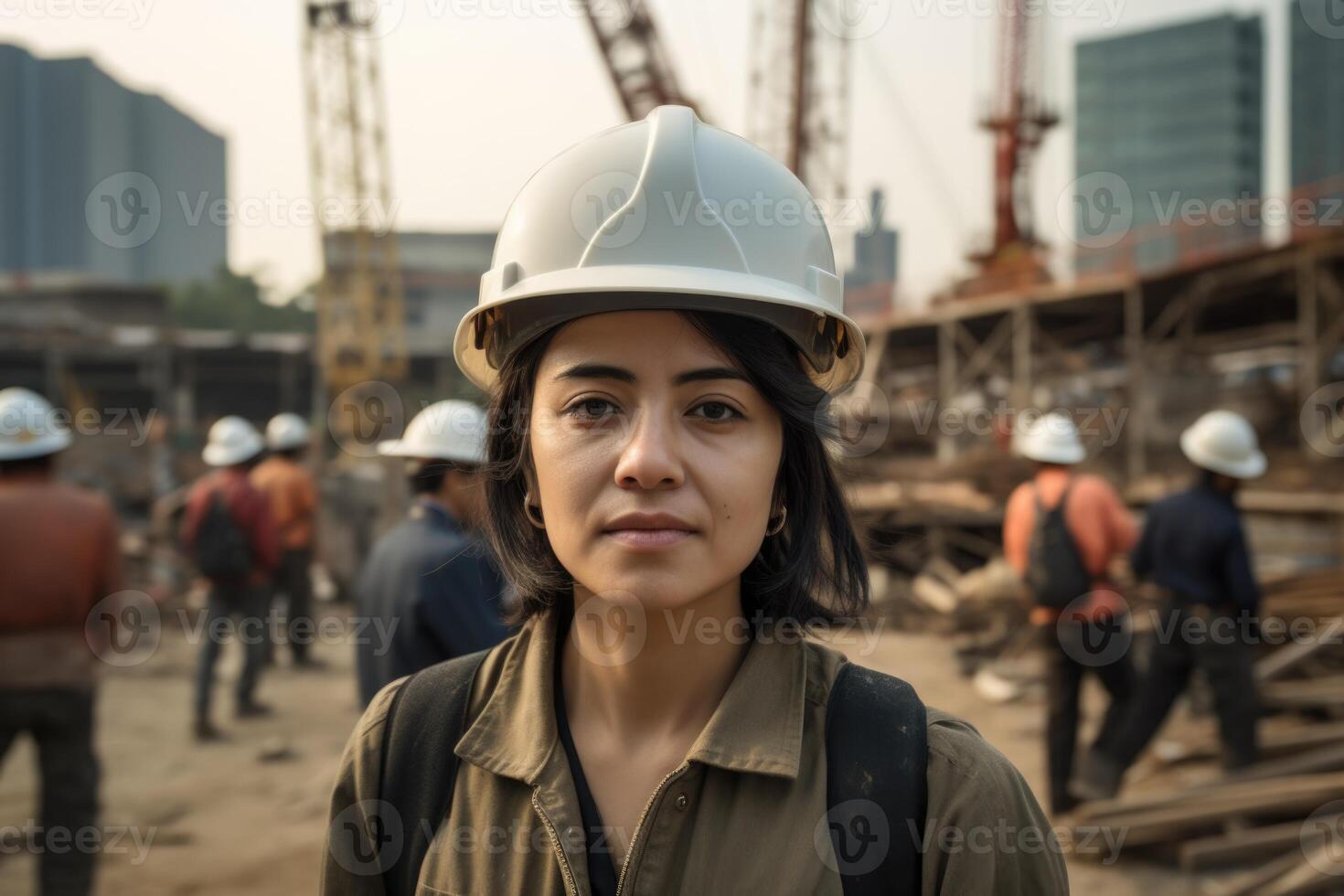 ai generado un mujer ingeniero, constructor o arquitecto en un casco en contra el antecedentes de un construcción sitio foto