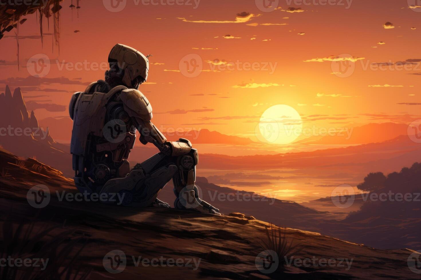 AI generated Robot sitting outdoors and looking at the sunset. Concept of reflection and relaxation photo