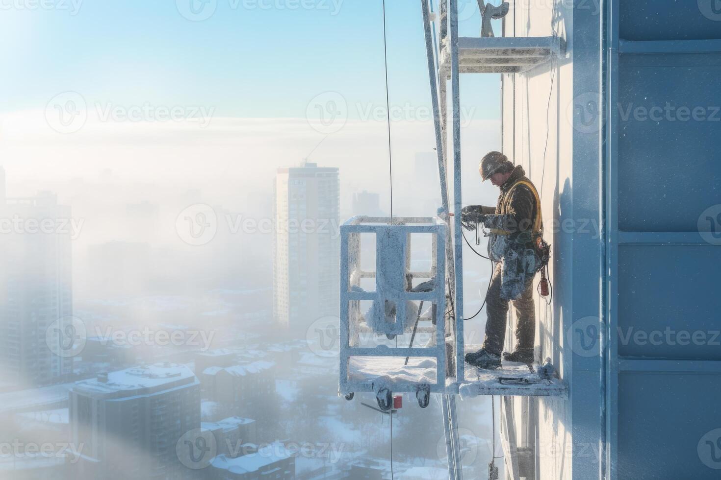 AI generated A real construction worker at a high-rise construction site on a cold winter day photo