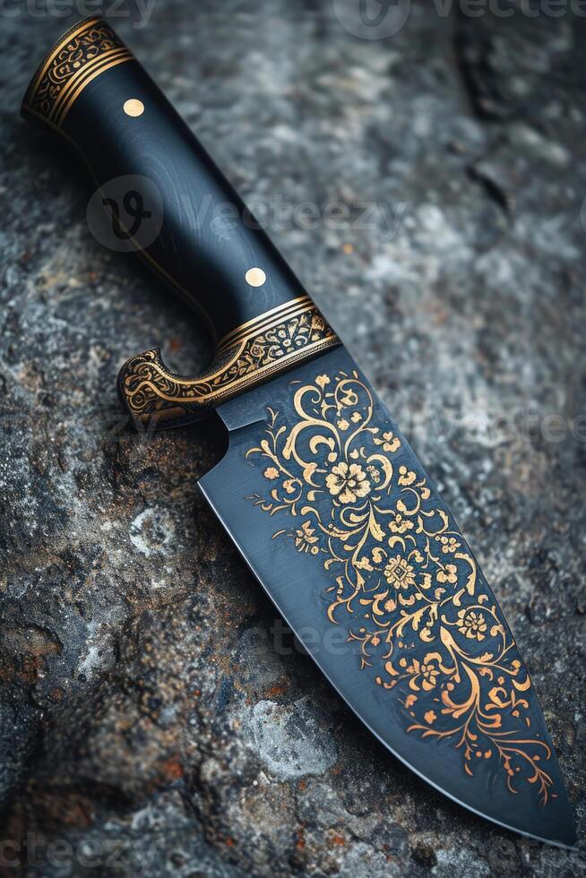 AI generated One Stylish Damascus steel kitchen knife on a wooden board photo