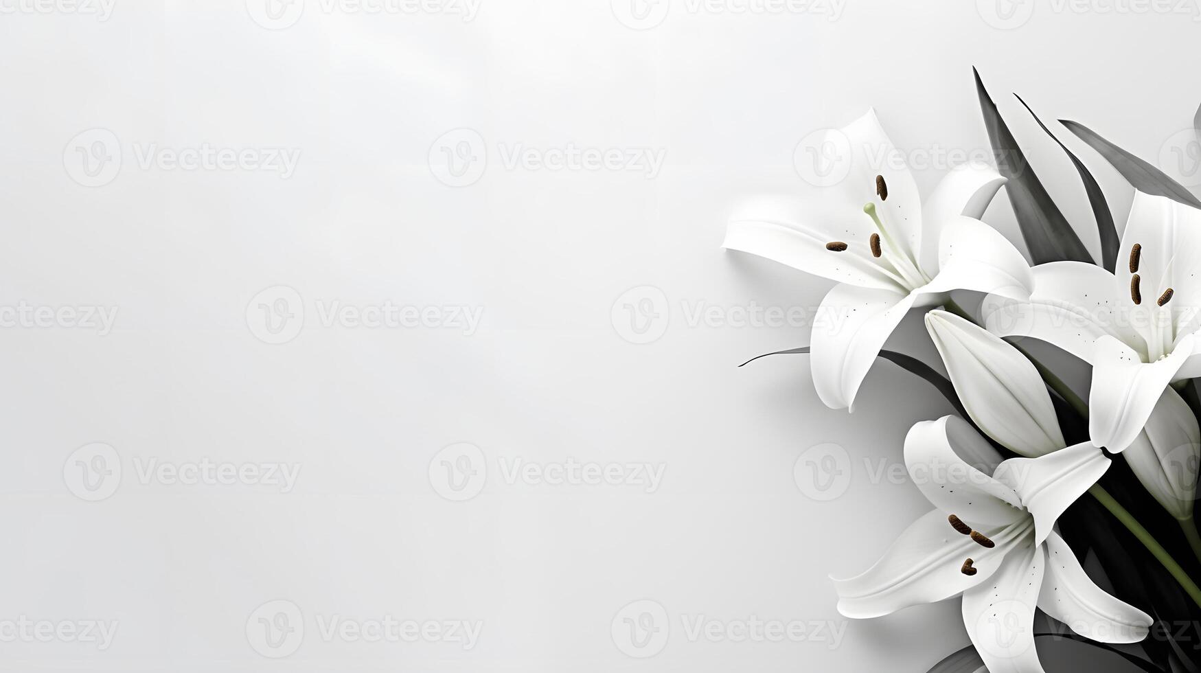AI generated Minimalist Sympathy Condolences card. Lily flowers on a muted grey background. Funeral concept. Copy space photo