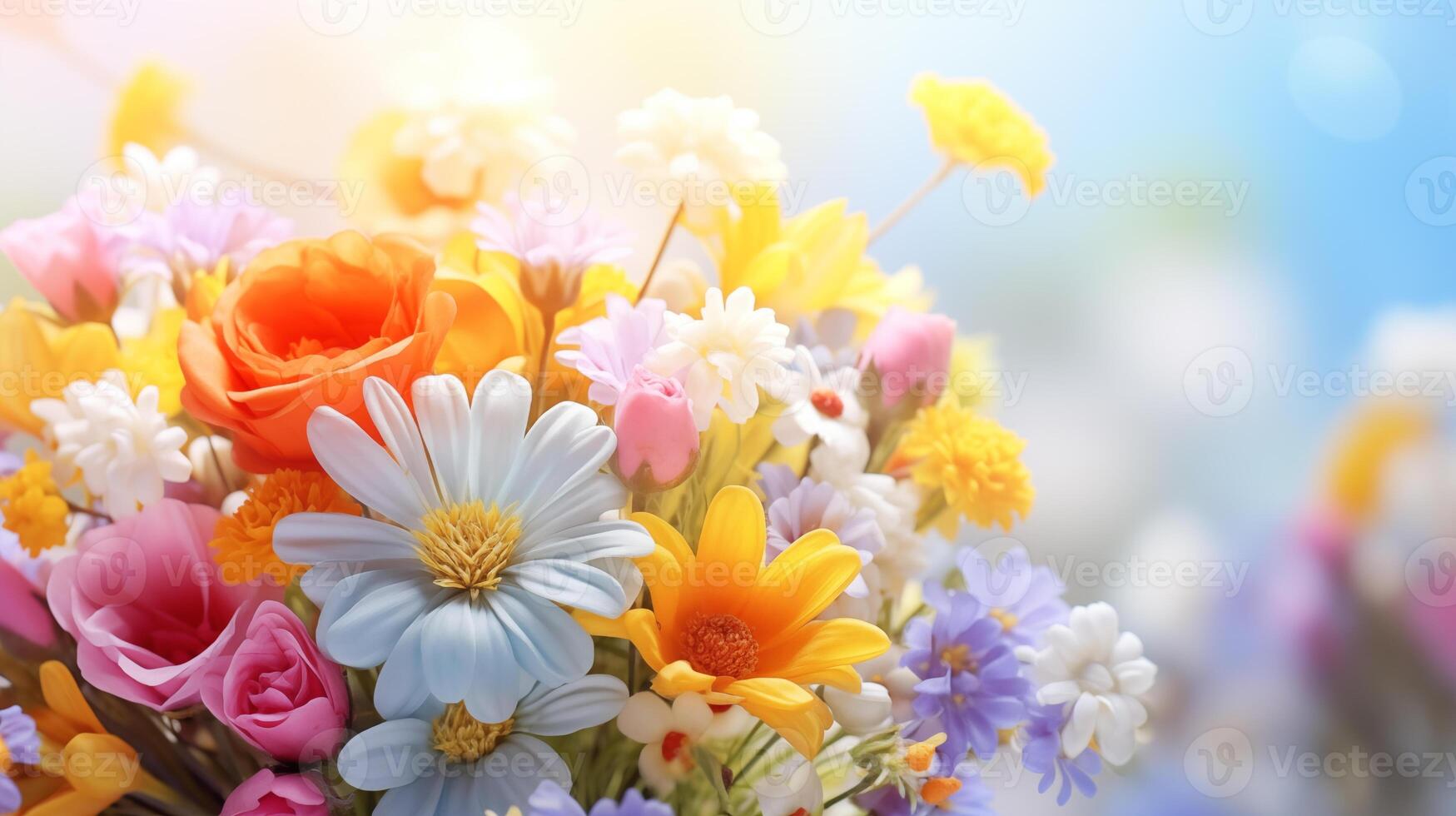 AI generated Bright colorful bouquet close up. Different flowers photograpy photo