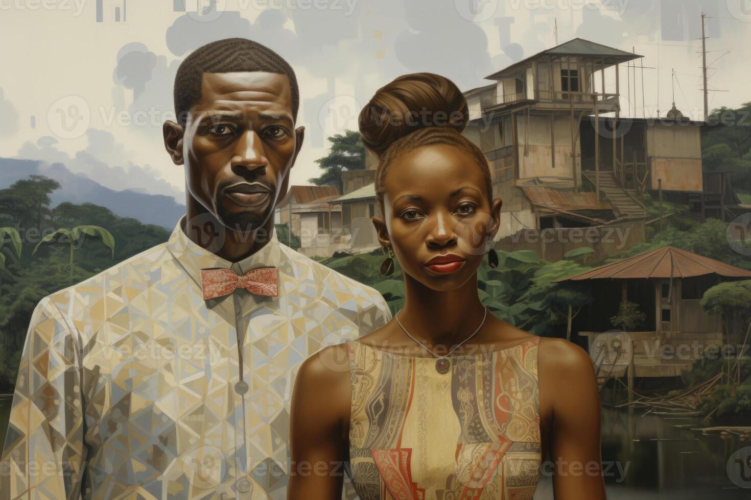 AI generated Portrait of an African couple of a man and a woman against the background of African nature. Anime photo