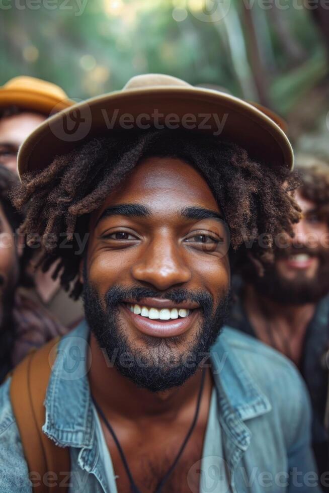 AI generated A reusable young group of happy people takes a selfie photo on a camera outside