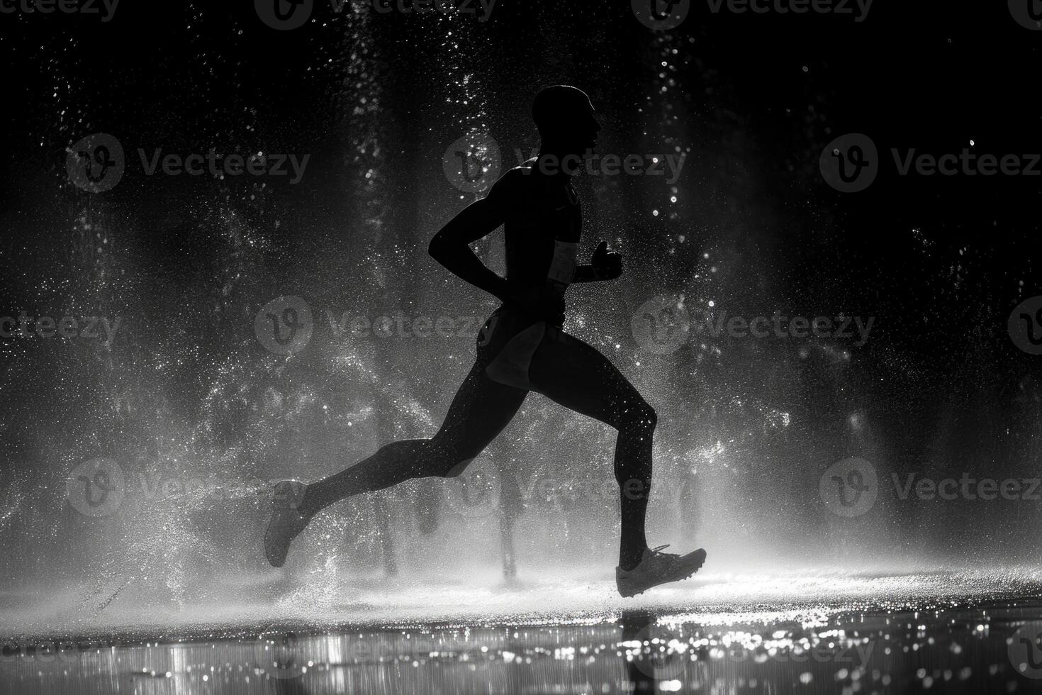 AI generated An athlete runs alone in the rain at night. An active lifestyle photo