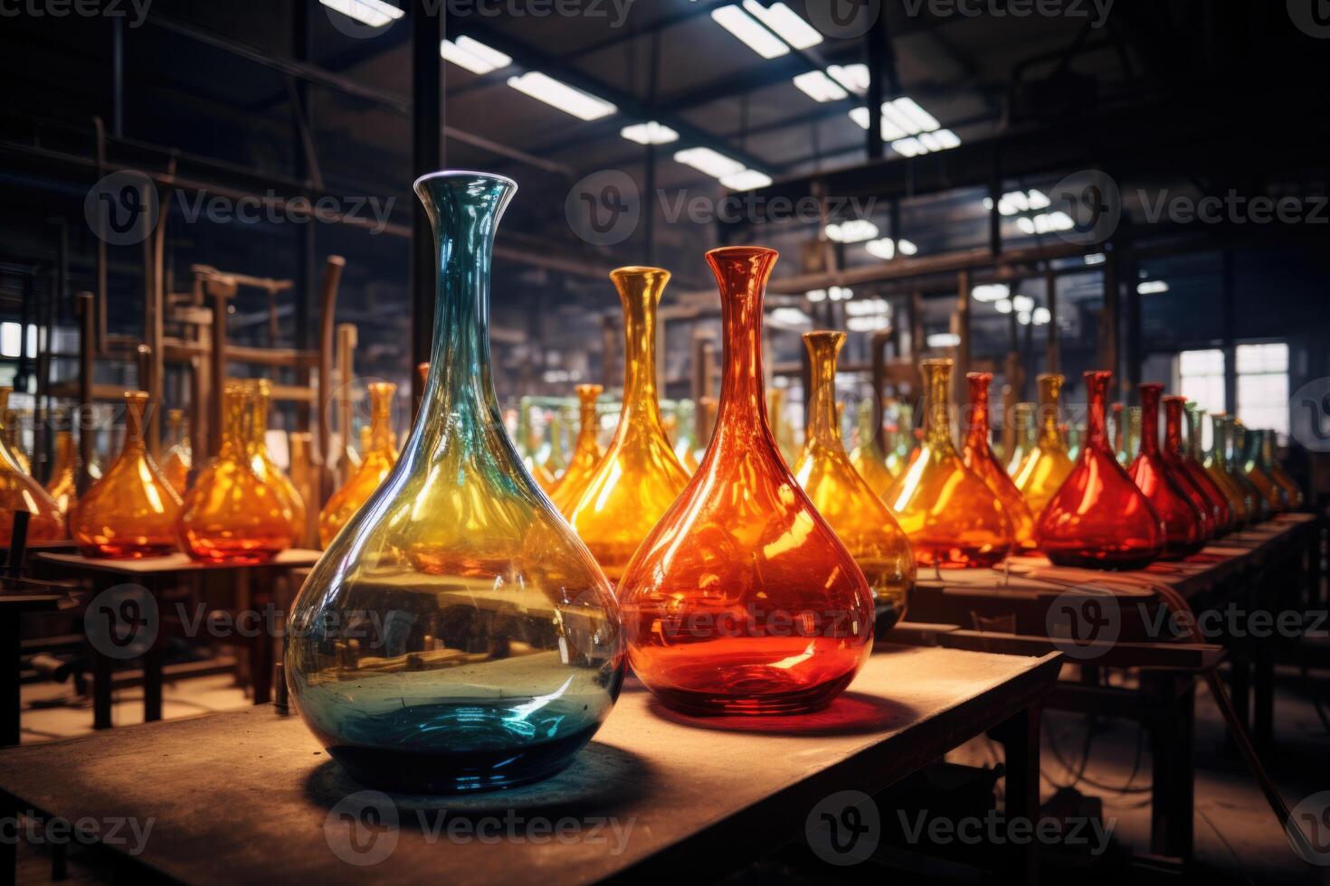AI generated There are many manufactured empty colored glass jugs in stock photo