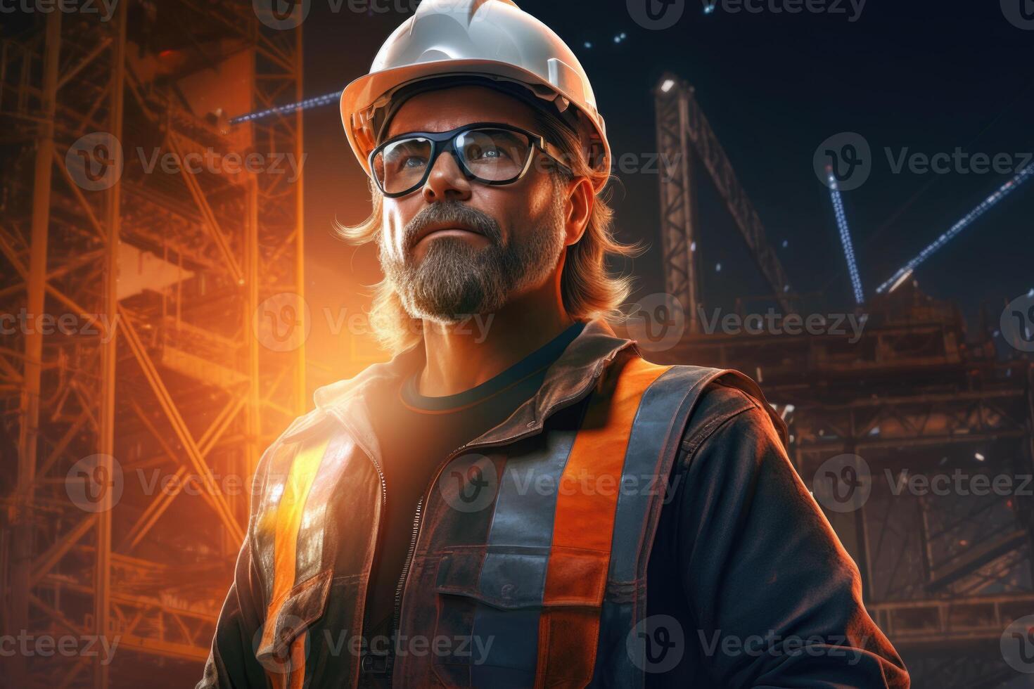 AI generated Portrait of a male construction worker in a helmet on a construction site against the background of a construction site photo