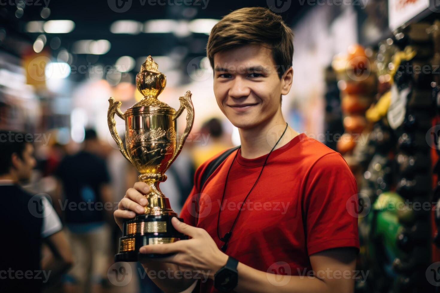 AI generated The lucky boy is the winner, holding a large sports cup in his hands and laughing, the concept of the winner photo