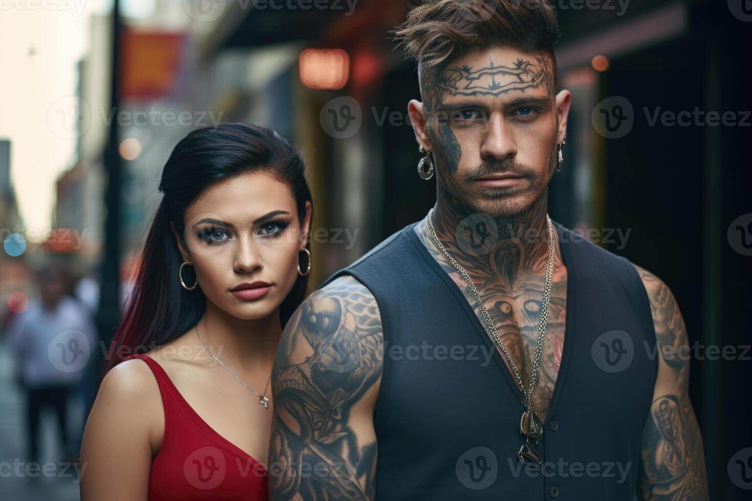 AI generated Tattooed man and woman on a city street in the afternoon photo