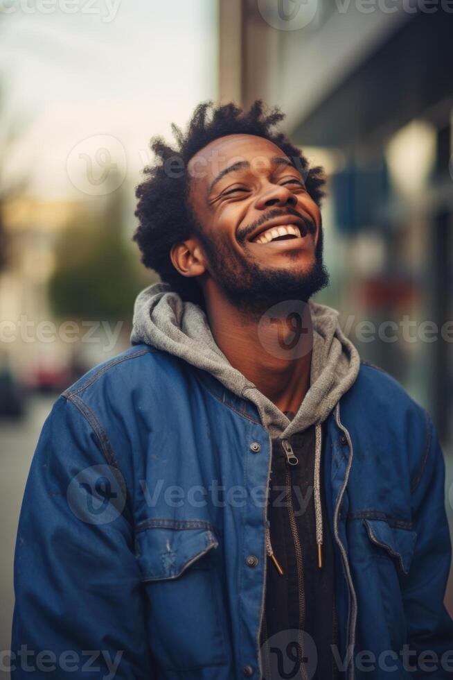 AI generated Portrait of a smiling African man in close-up standing on the street photo