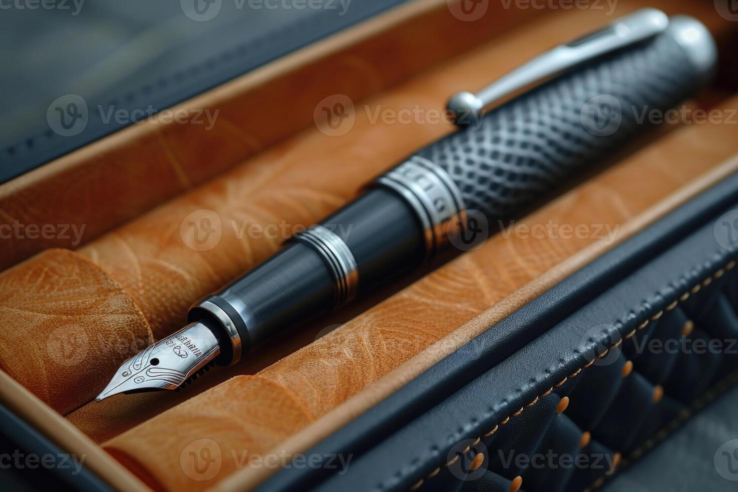 AI generated stylish fountain pen with a stylish box on the table photo