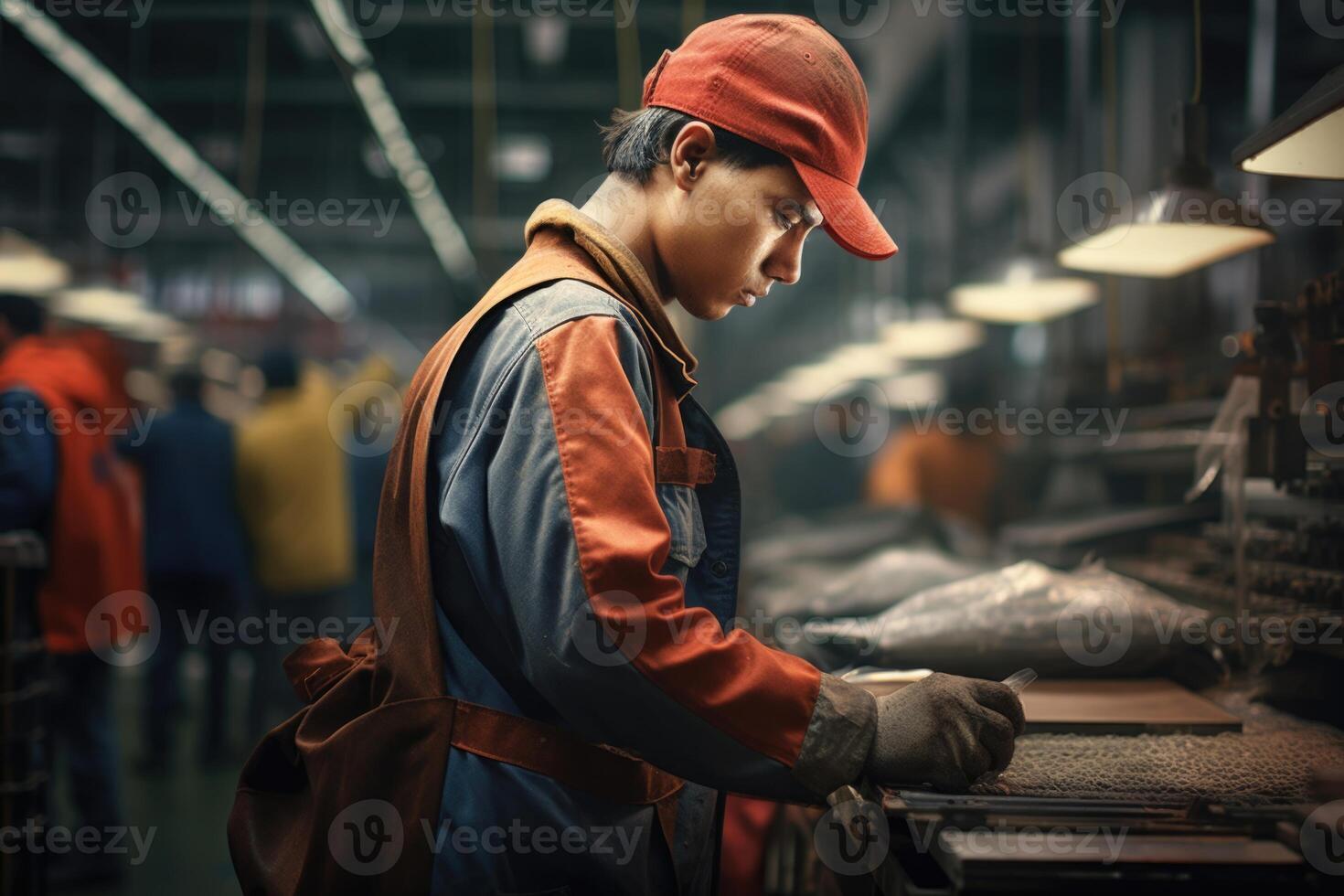 AI generated a packer in a work apron on a packaging line in production photo