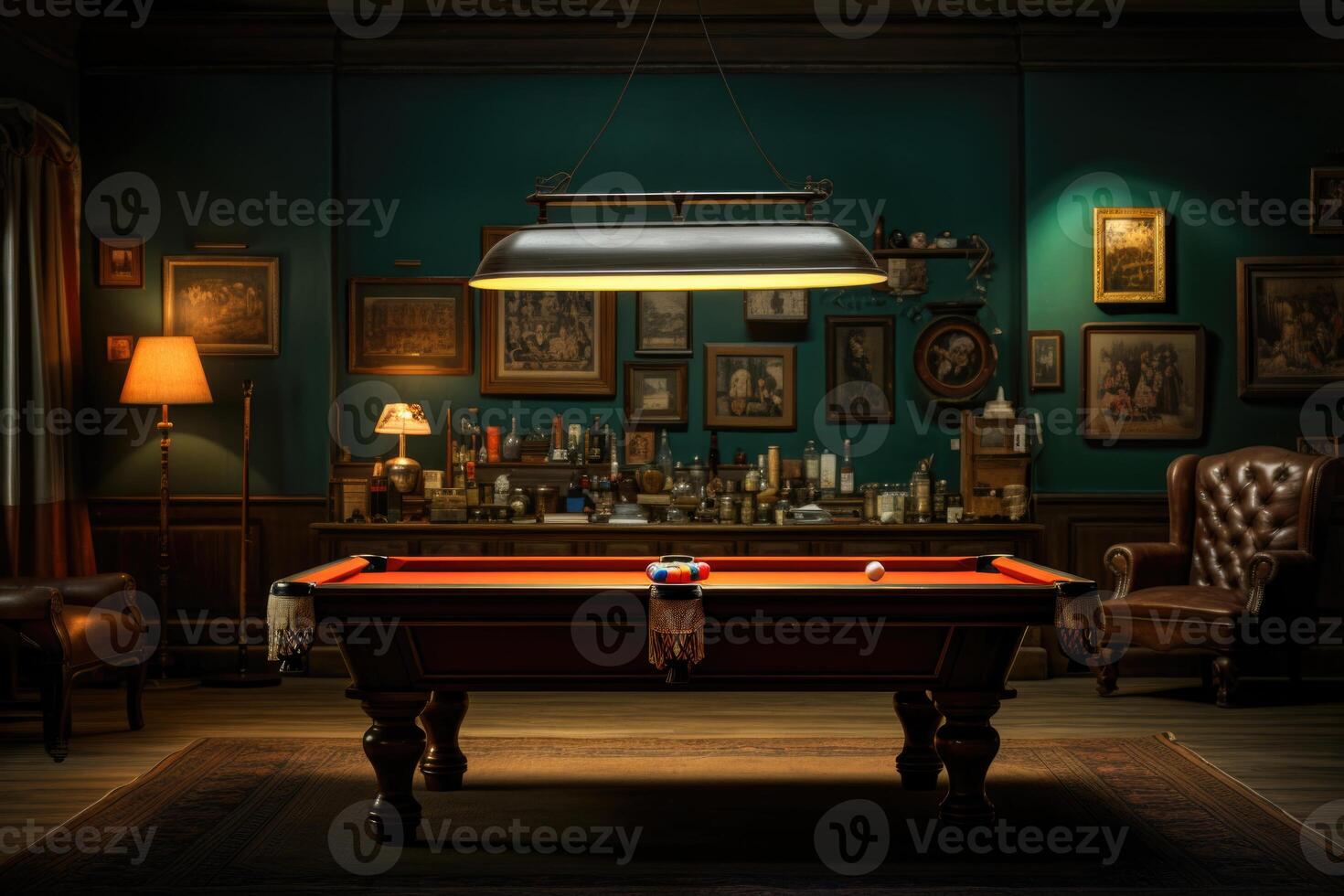 AI generated Billiard tables with balls and in the billiard club photo