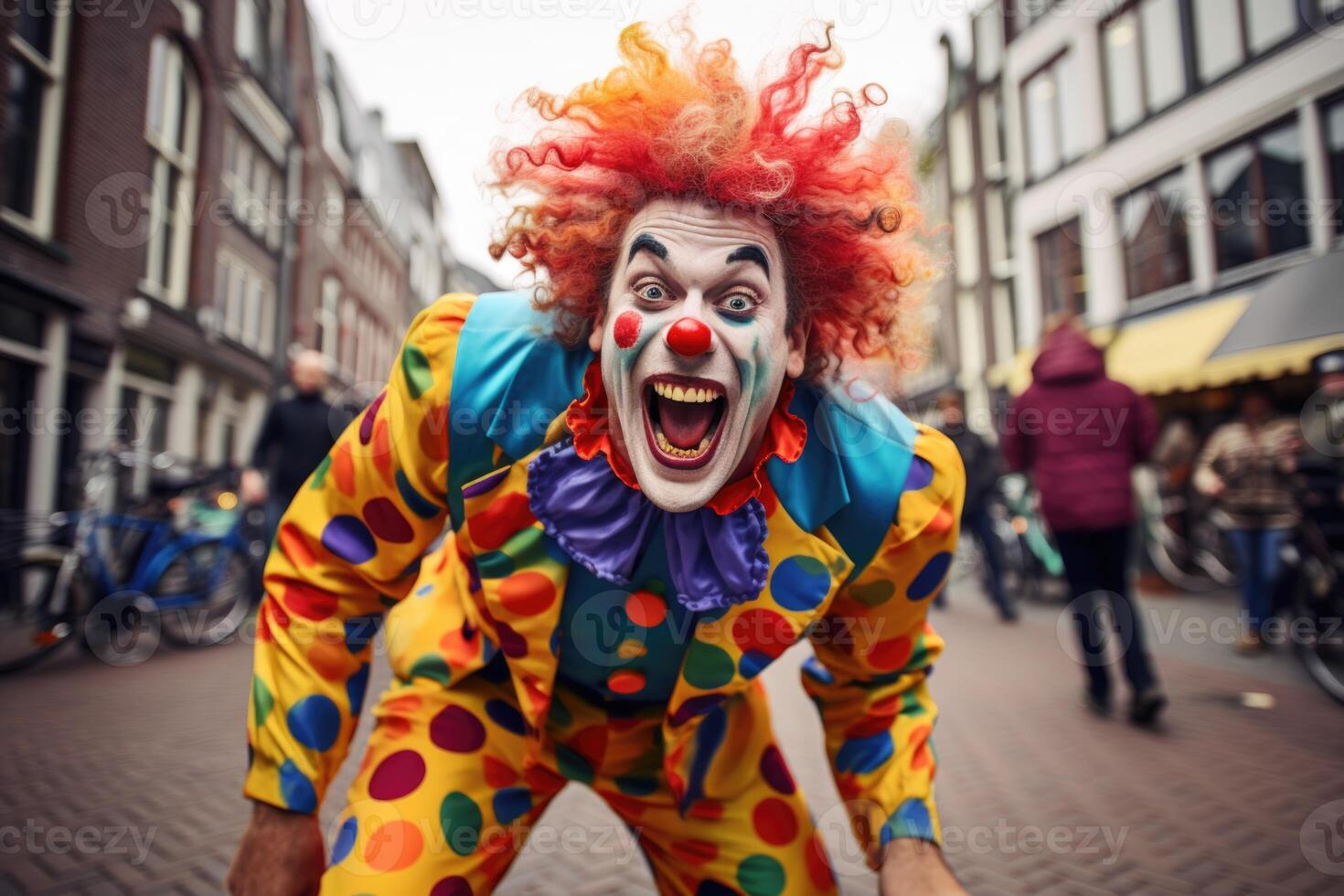 AI generated Funny funny clown in a bright costume on a city street photo