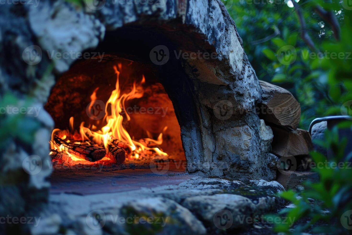 AI generated The grill area in the villa with a blazing fire. Large courtyard with stone grill photo