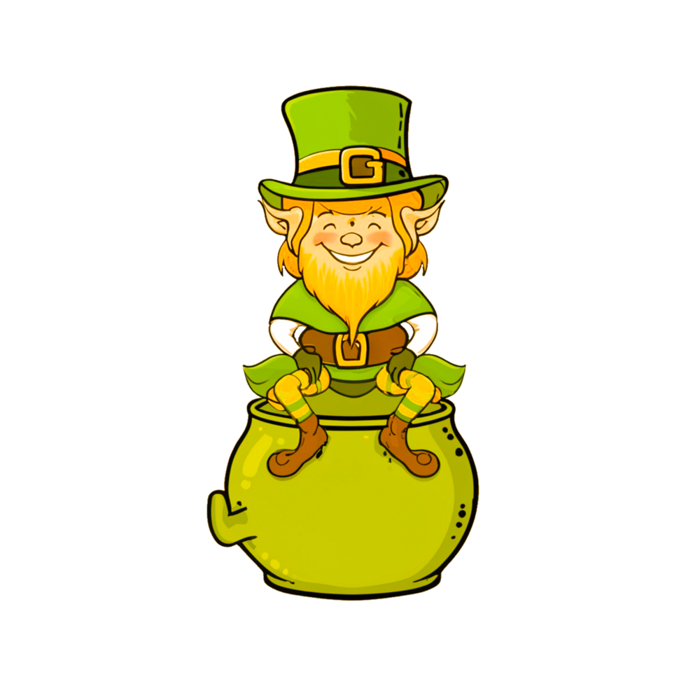ai genererad helgon patricks dag pyssling karaktär. Sammanträde inuti pott av guld mynt faller från himmel. grön svit pyssling fira irländsk festival. fri png
