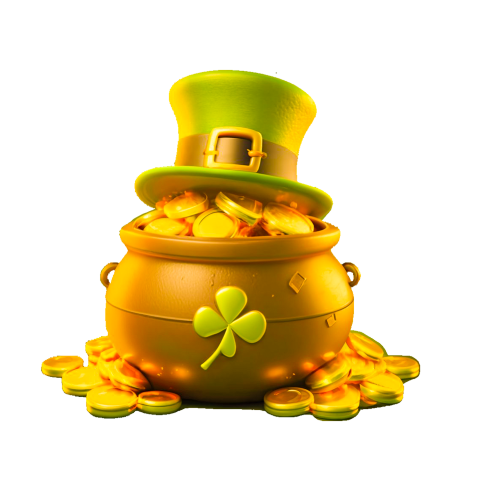 ai genererad leprechaun's magisk pott full av guld mynt med 3d hatt png