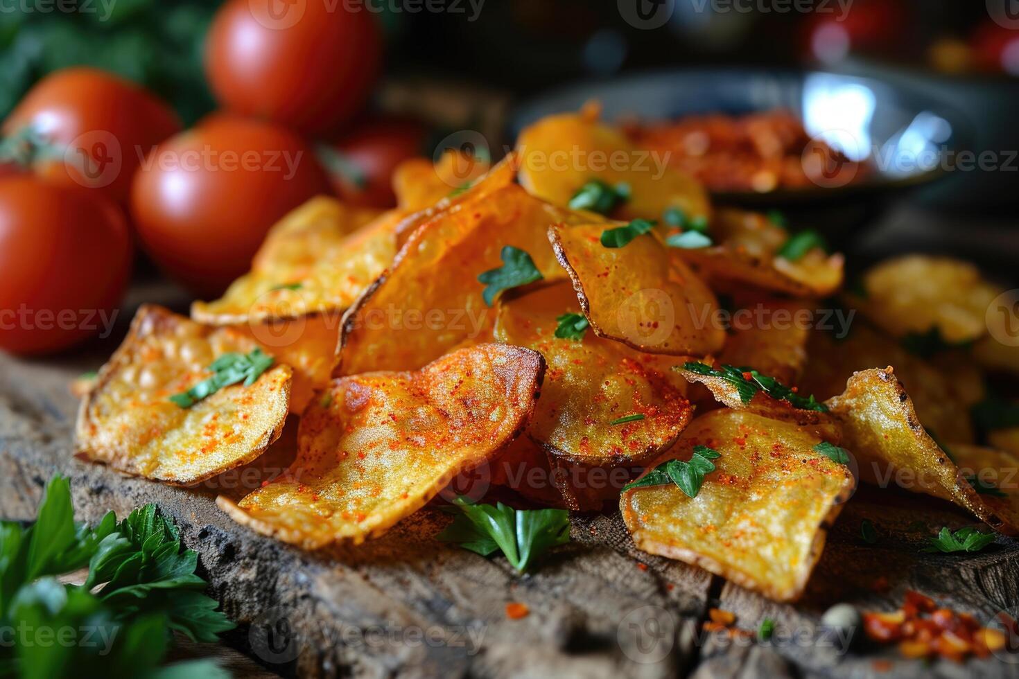AI generated Fresh potato chips scattered on the table. A delicious snack photo