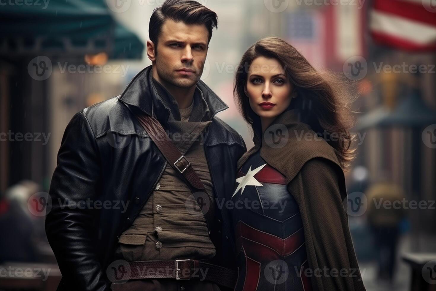 AI generated Portrait of a man and a woman patriots of their country against the background of a city street photo