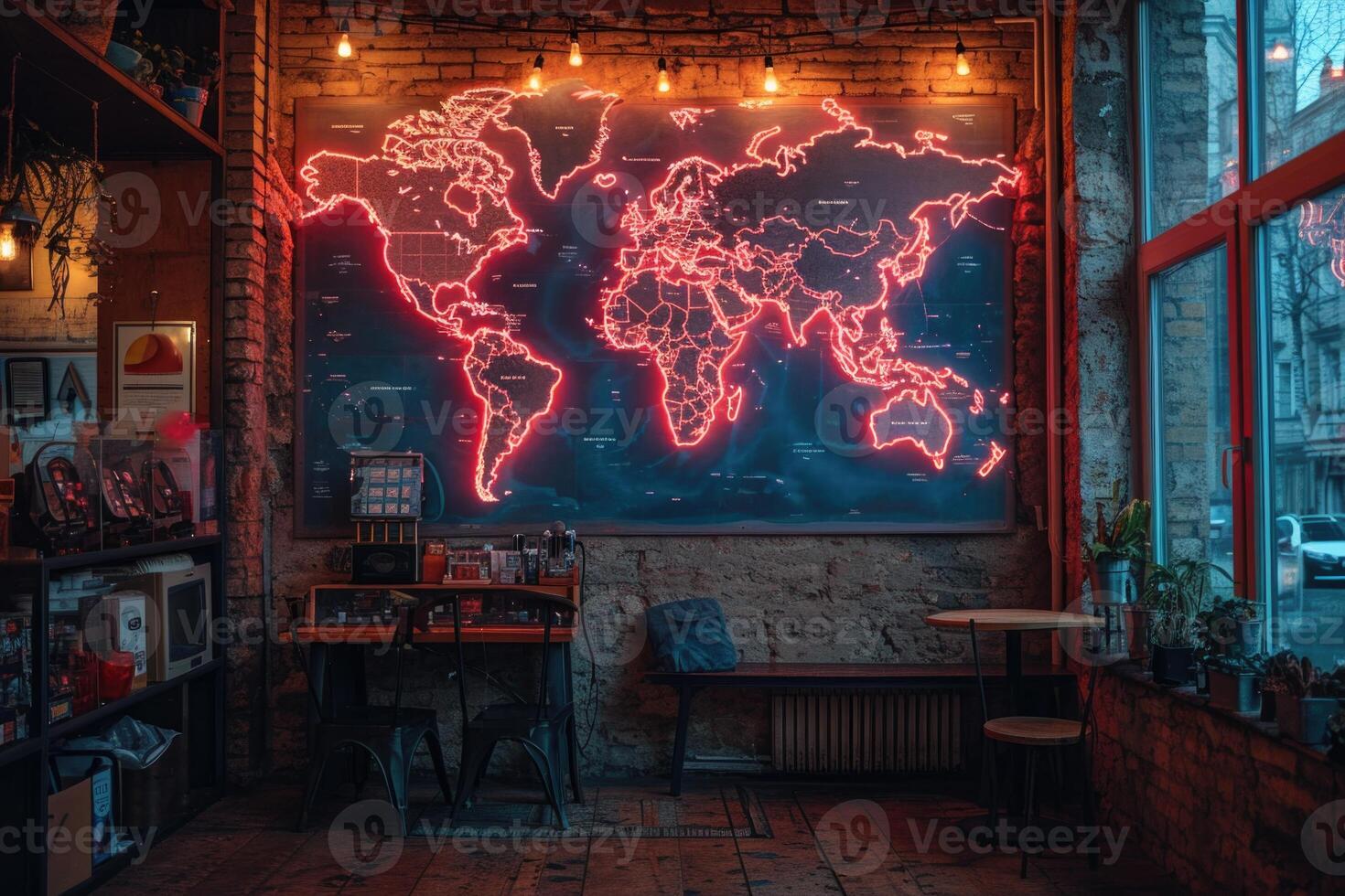 AI generated A world map on the wall with neon lighting. Designer decor on the wall in the room photo