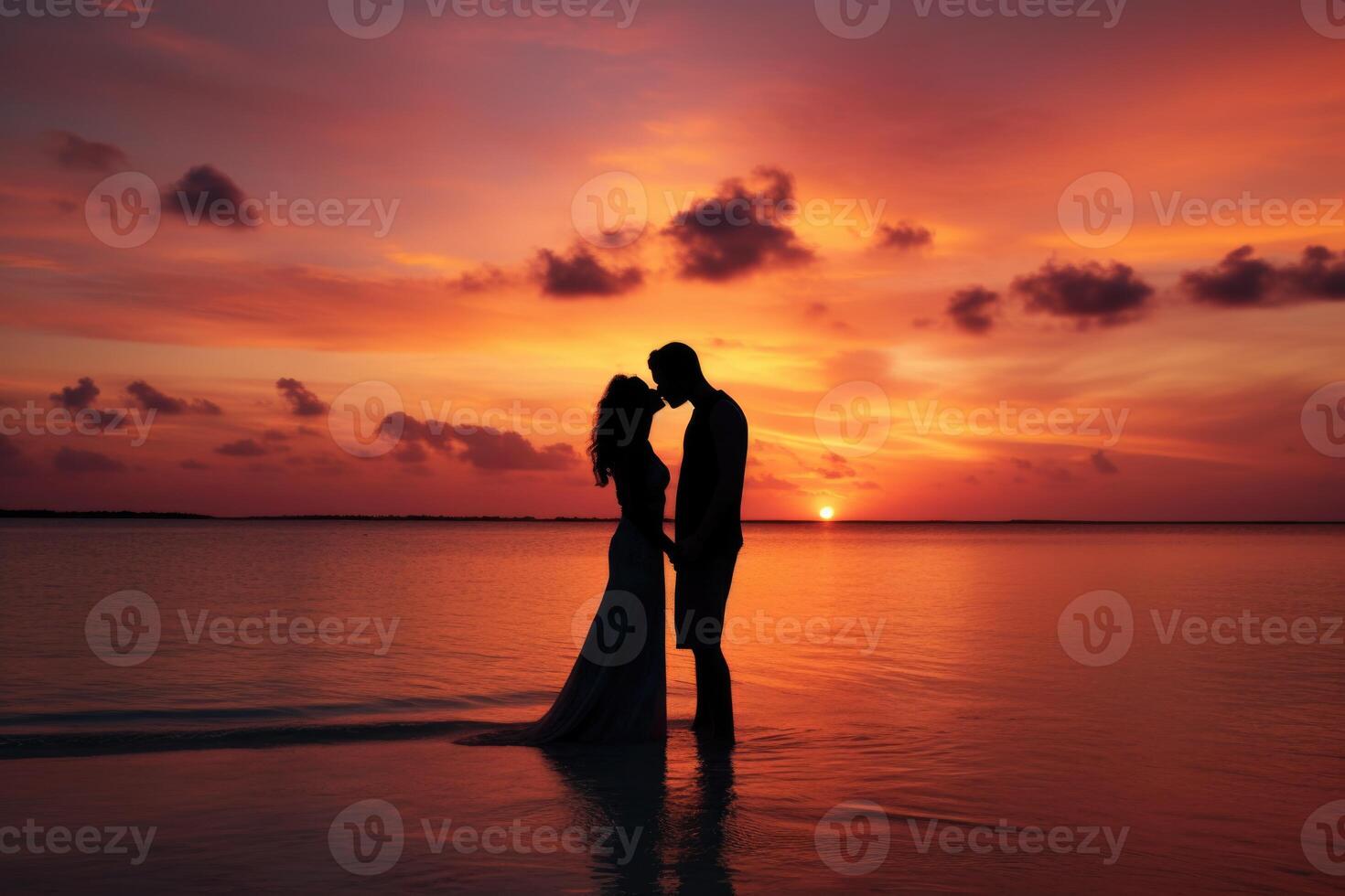 AI generated The silhouette of a beautiful couple posing at sunset near the sea photo