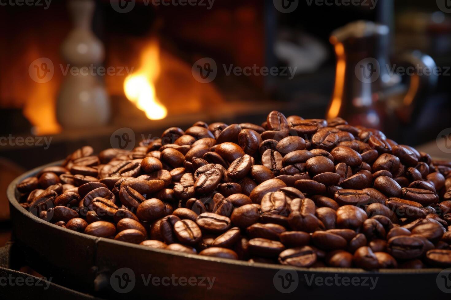 AI generated Roasted coffee beans close-up in dishes . Colombian coffee photo