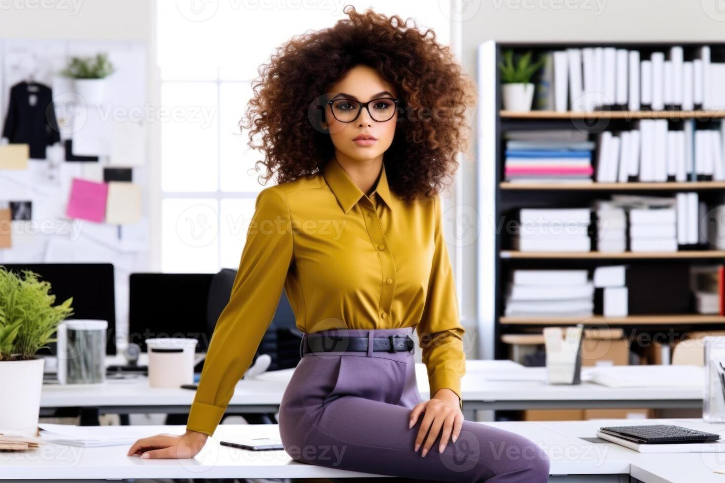 AI generated Portrait of a successful female programmer in the office at the workplace at the table photo