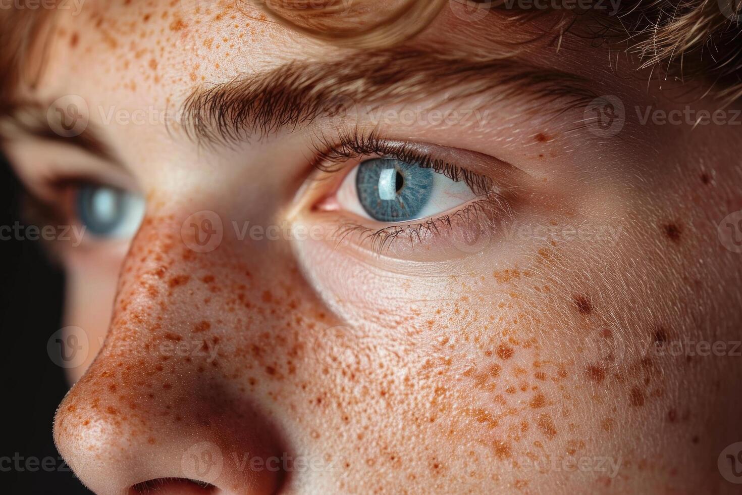 AI generated Macro photography of the blue eyes of a redheaded teenage boy photo