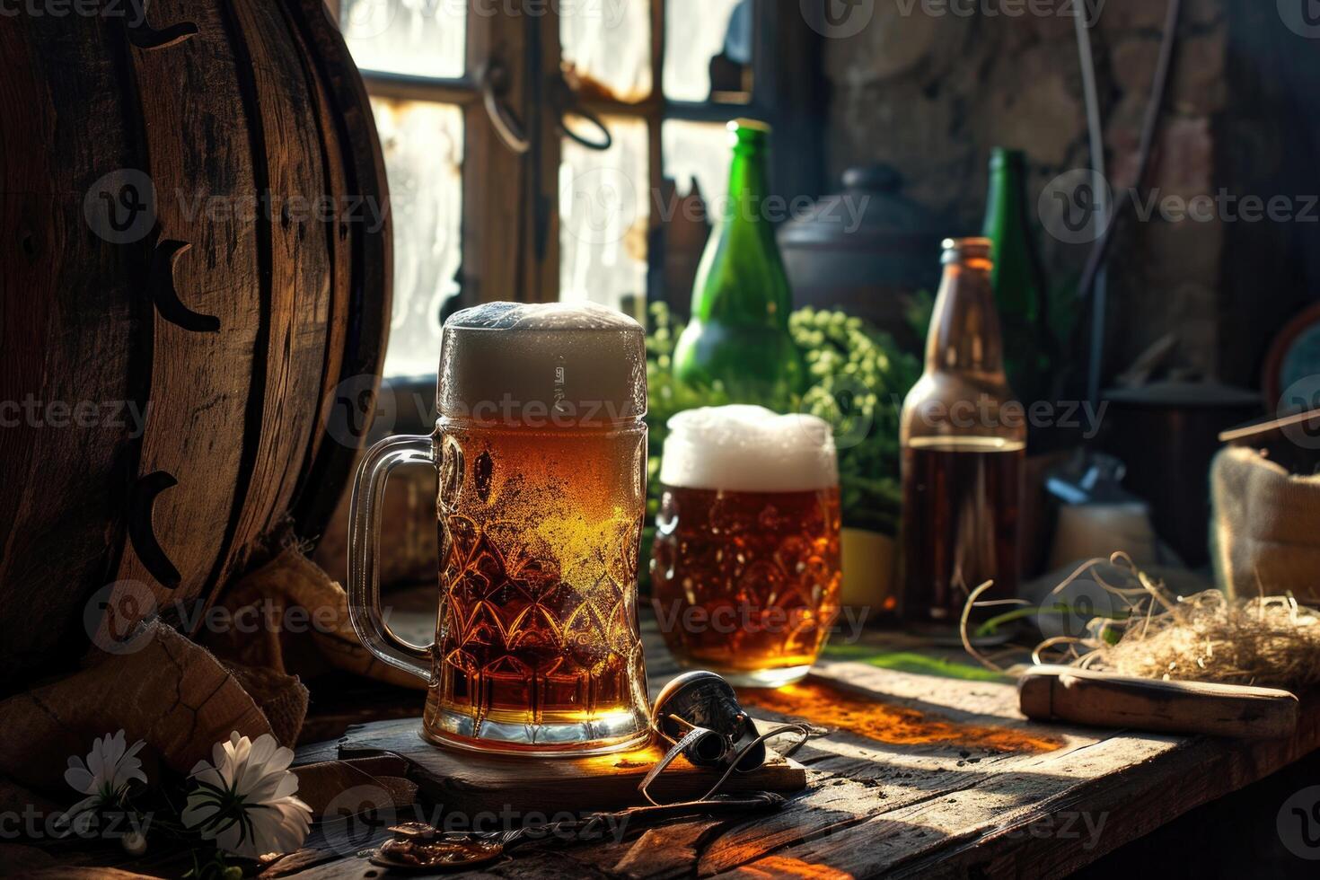 AI generated Several glasses of beer are on the wooden windowsill near the window photo