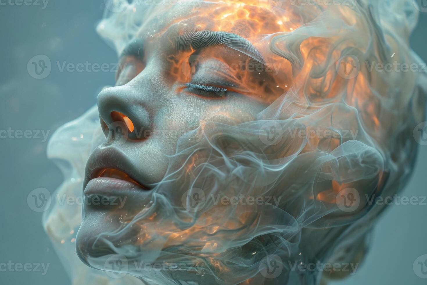AI generated The girl 's face is covered with strands of an electronic neural network . Face recognition by neural networks for human identification photo