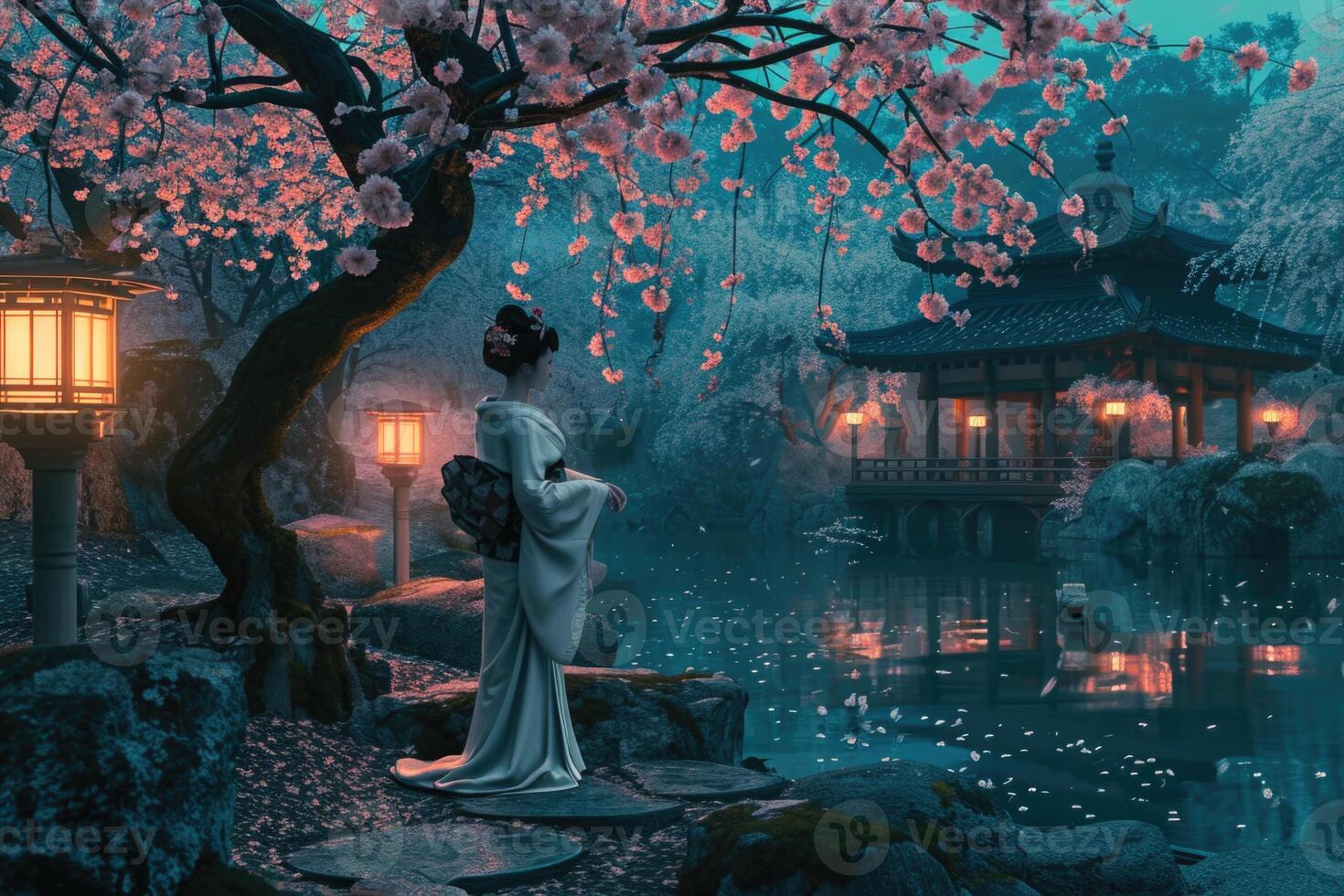 AI generated Asian girl of Japanese nationality in a national costume on the background of a Japanese garden photo