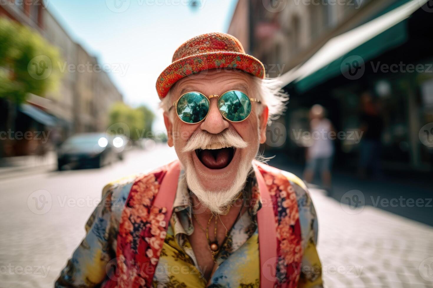 AI generated Portrait of a cheerful happy elderly man with glasses on a street background photo