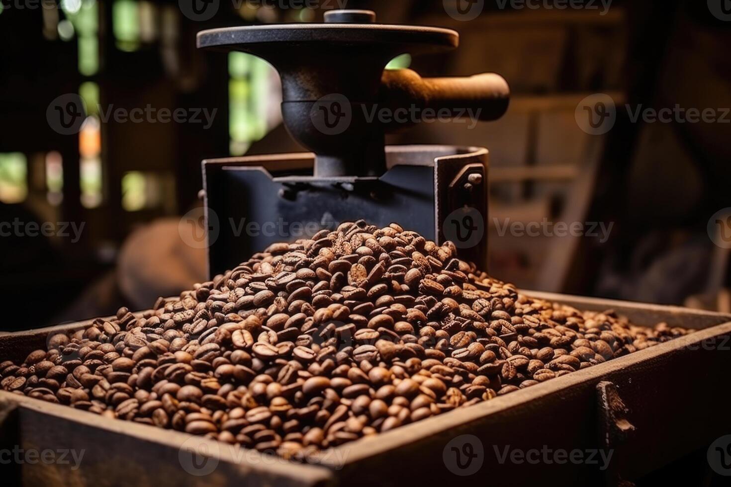 AI generated Roasted coffee beans close-up in dishes . Colombian coffee photo