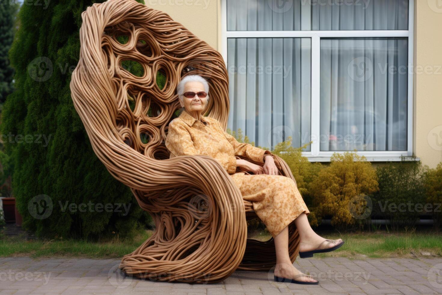 AI generated an elderly woman sitting on a chair near her house photo
