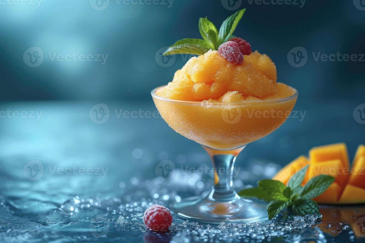 AI generated Mango sorbet in a glass on the table . Popsicle in a glass photo