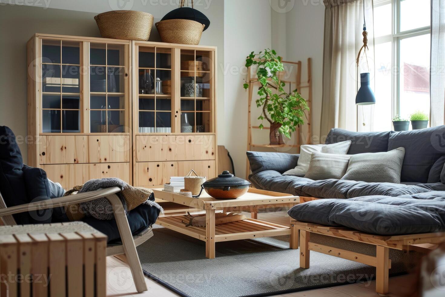 AI generated Modern open space interior with designer modular sofa, furniture, Living room photo