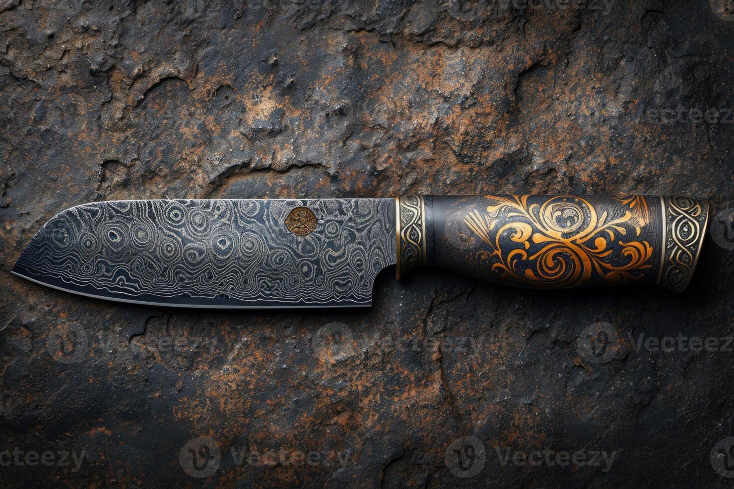 AI generated One Stylish Damascus steel kitchen knife on a wooden board photo