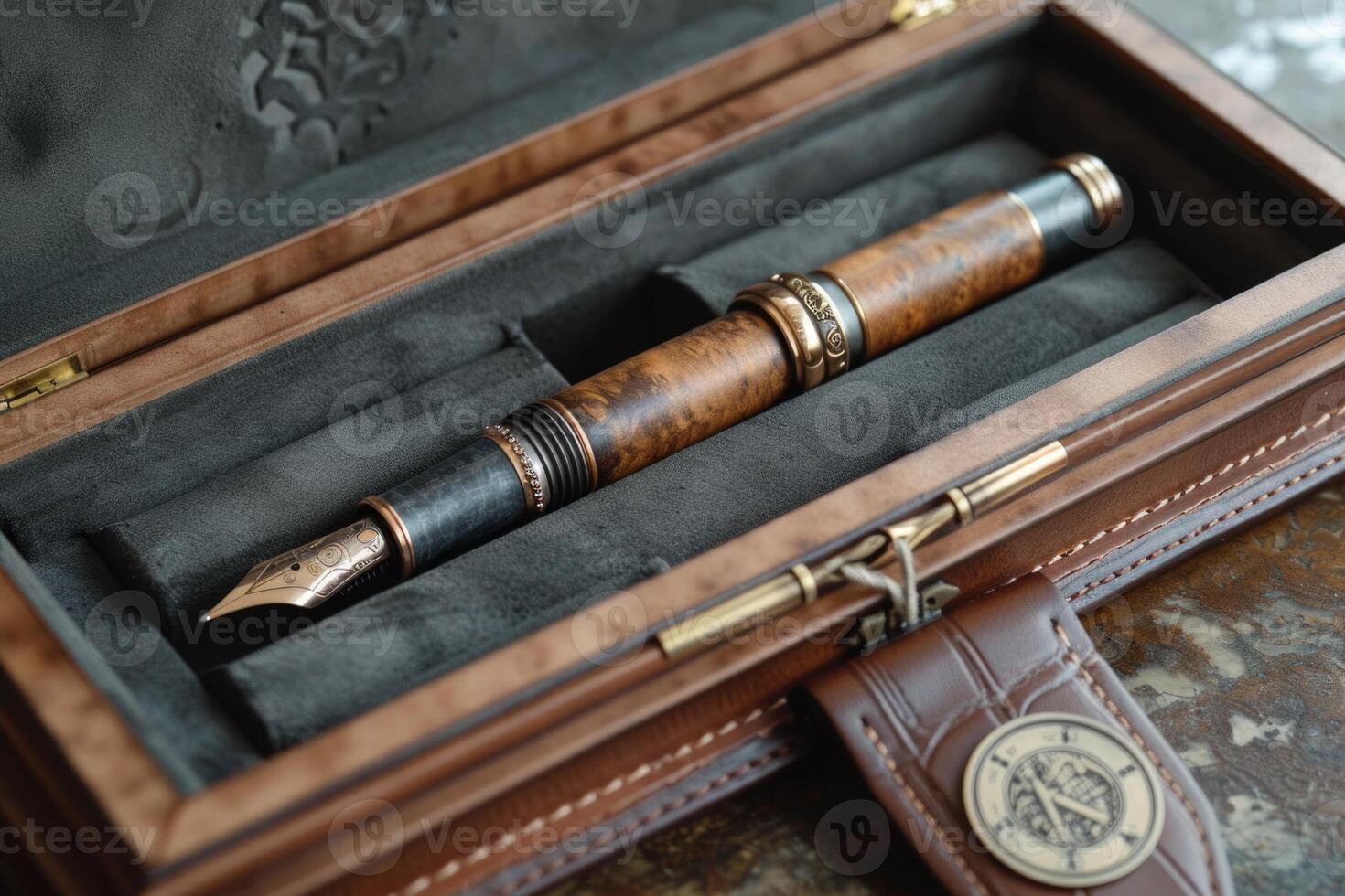 AI generated stylish fountain pen with a stylish box on the table photo