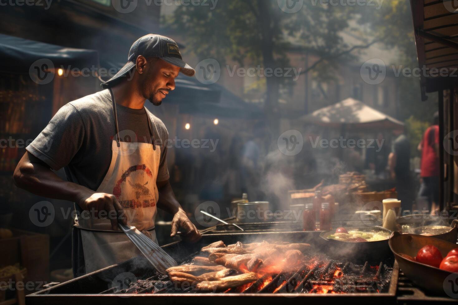 AI generated An African-American man cooks meat on the street in the city on a grill. The concept of street food photo